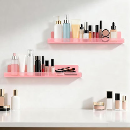 Dezzer 6 Pack Acrylic Shelves for Wall, 15" Acrylic Floating Shelves for Bathroom Bedroom, Invisible Bookshelf Wall Ledge Storage Shelf Books Perfume Toys Action Figure Display Shelves, Pink