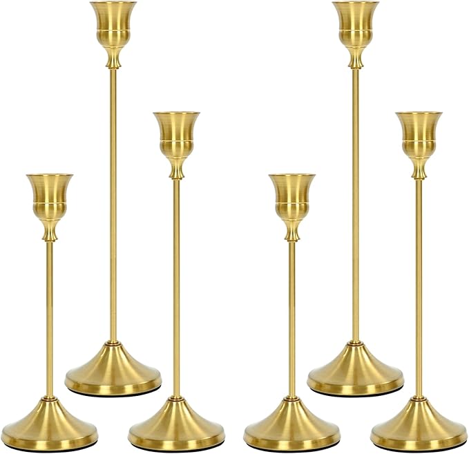 Candlestick Holders 6 PCS, Metal Taper Candle Holder, Brass Gold Candle Holders for Pillar Candles, Vintage Dining Table Centerpiece Decorations for Wedding Party Christmas Halloween Decor