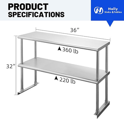 Hally Double Overshelf of Stainless Steel 12'' x 36'' Weight Capacity 360lb, Commercial 2 Tier Shelf for Prep & Work Table in Restaurant, Home and Kitchen