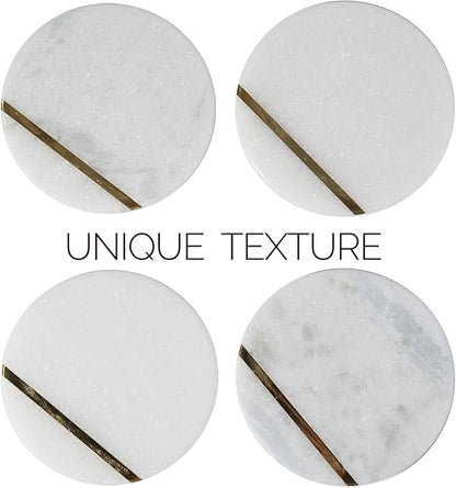 Koville Marble Coaster Set of 4, Round Coasters, 4" Stone Coaster for Drinks Coffee, White Marble with Gold Brass Coasters for Coffee Table Home Bar Decor, Heat Resistant, Gift Choice