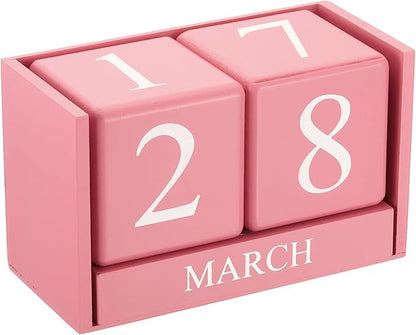 PATIKIL Vintage Wood Block Perpetual Calendar, Reusable Wooden Month Date Display Blocks for Desk Office Home Decoration 6.1", Pink