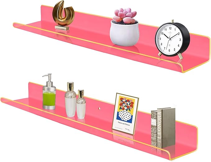 ROYALITA 24 Inches Acrylic Floating Book Shelves Wall Mounted Set of 2, Wall Hanging Plant Display Shelves, Room Decor Floating Wall Shelves for Gaming Room, Bedroom, Living Room, Office, Pink