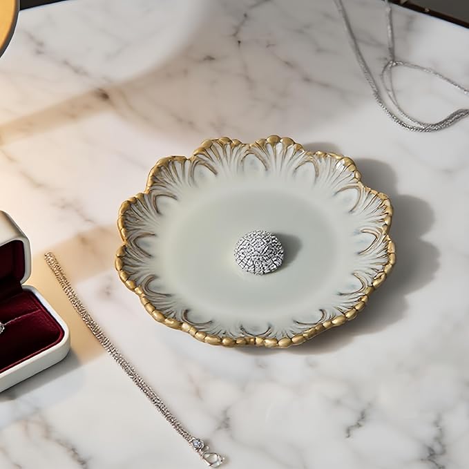 Ceramic Jewelry Dish, Decorative Tray for Rings Earrings Necklaces Bracelet Watch Keys, 4.50" Trinket Tray as Gifts for Women (Reactive Shell)