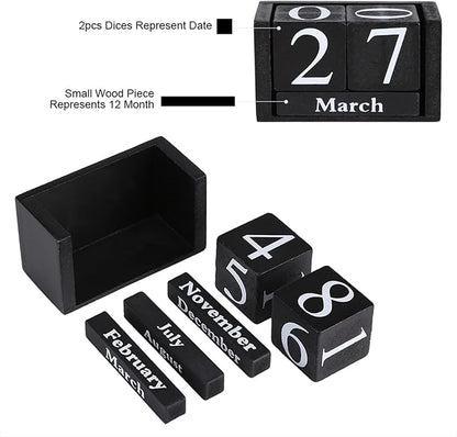 Wood Blocks Calendar, Wooden Desk Perpetual Calendar Vintage Month Date Number Display Cubes Wood Black Rustic Cute Decoration Calendar for Home Desktop Room Office Farmhouse