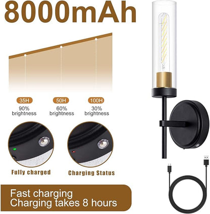 Wall Sconces,Battery Operated Wall Sconce 8000mAh Black Fast Chargin Endurance 100 Hours Infinitely Dimmable 2 Color Temperature Bulbs with Remote Control Wireless Wall Lights for Bedroom Living