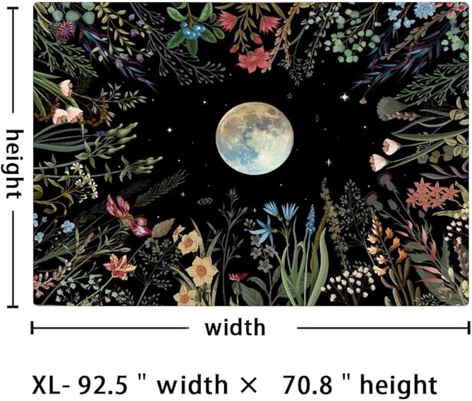 Amhokhui Moonlit Garden Tapestry Boho Moon Tapestry Floral Flower Tapestries Colorful Plants Tapestries Black Wall Hanging Decor for Home
