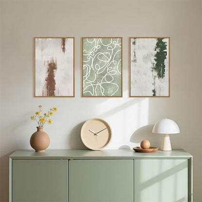 Aryroi Large Abstract Green Brown Geometric Framed Canvas Wall Art Set,Minimalist Neutral Brush Stroke Wall Decor,Modern Watercolor White Curved Lines Artwork For Living Room,Bedroom,Office-16 x24 x3