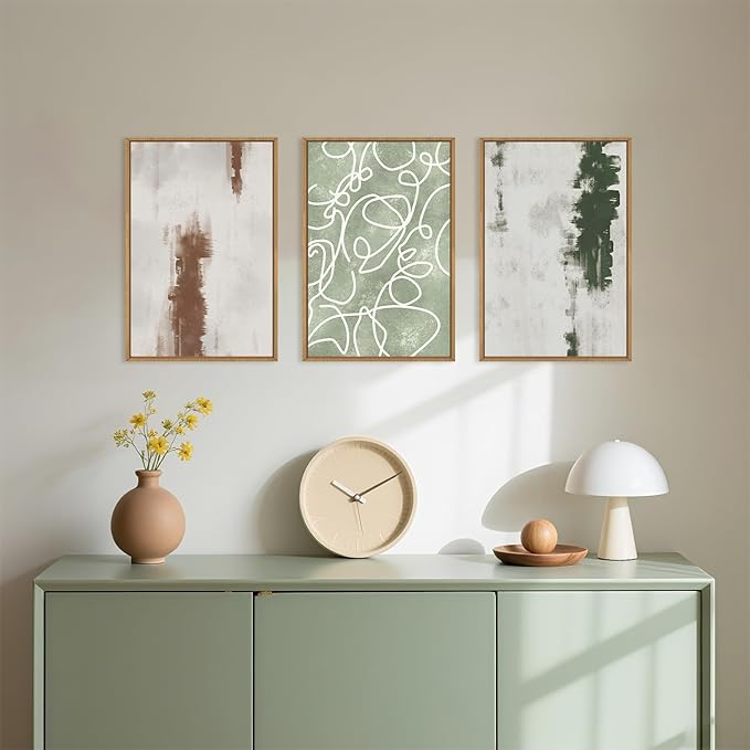 Aryroi Large Abstract Green Brown Geometric Framed Canvas Wall Art Set,Minimalist Neutral Brush Stroke Wall Decor,Modern Watercolor White Curved Lines Artwork For Living Room,Bedroom,Office-24 x36 x3