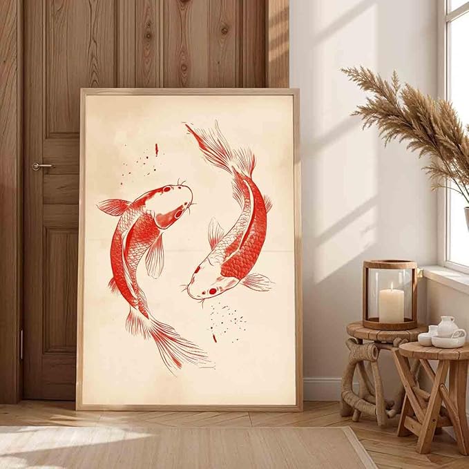 Red Koi Fish Wall Art Red Fish Painting Sea Animals Poster Vintage Animal Wall Art Neutral Beige Picture Japanese Koi Poster Chinese Canvas Oriental Aesthetic Modern Room Decor 16x24inch No Frame