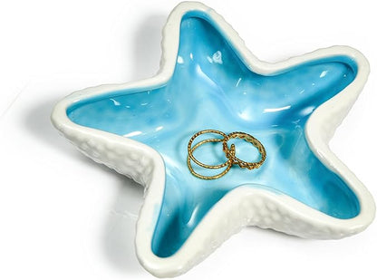 Starfish Ceramic Jewelry Trinket Tray, Blue White Decorative Ring Holder Dish for Rings, Earrings, Necklaces, Bracelets, Watches, Keys