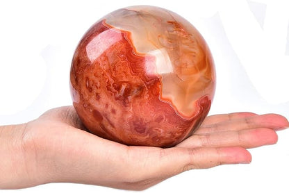 JIC Gem Red Agate Large Crystal Ball 3.5-4 inch(90-100mm) Round Healing Crystals Decorative Sphere with Wooden Stand Meditation Witchcraft Home Decor