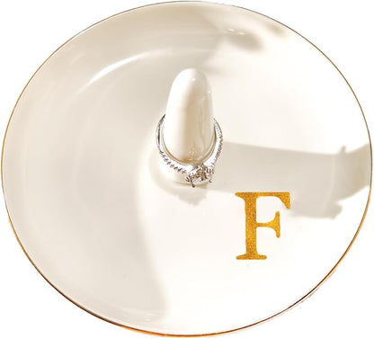 Ceramic Initials Jewelry Tray Ring Dish With Personalized F-Monogrammed Engagement Wedding Gifts, for Birthday Mother's Day for Women, Ceramic White 4.7" x2.4"