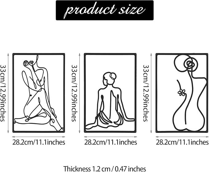 CHENGU 3 Pieces Metal Minimalist Abstract Woman Wall Art Line Drawing Wall Art Decor Single Line Female Home Hanging for Kitchen Bathroom Living Room