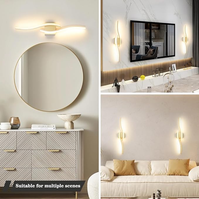 Modern Gold Wall Light Fixture Set of 2, RC Dimmable LED Wall Light Indoor, LED Wall Decor for Hallway Bedroom Living Room, Hardwired Wall Sconce with Remote Control, 27.56" in, Timer, Memory