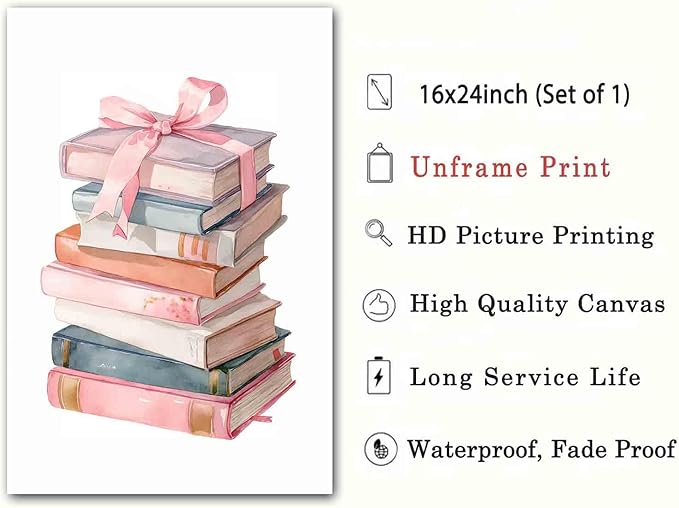 Book Lover Posters Pink Bow Pictures Book Stack Poster Inspirational Picture Educational Prints Coquette Trendy Preppy Poster Aesthetics Pink Girls Dormitory Living Room Decor 16x24inch No Frame