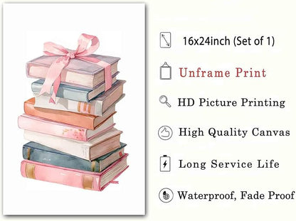 Book Lover Posters Pink Bow Pictures Book Stack Poster Inspirational Picture Educational Prints Coquette Trendy Preppy Poster Aesthetics Pink Girls Dormitory Living Room Decor 16x24inch No Frame