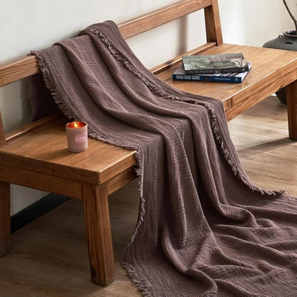 100% Cotton 4-Layer Muslin Blanket with Fringes, 50"x60", Dusty Mauve Throw Blanket, Ultra-Soft Gauze Blanket, Boho Bedding for All Seasons, Breathable for Couch, Bed(Dusty Mauve,Throw)