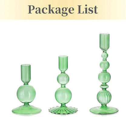 Hewory Glass Candlestick Holders Set: 3PCS Green Candle Holder Taper Candle Holders Bulk, Crystal Ribbed Candle Sticks Holder Decor for Table Centerpiece Wedding Christmas Thanksgiving Dinner