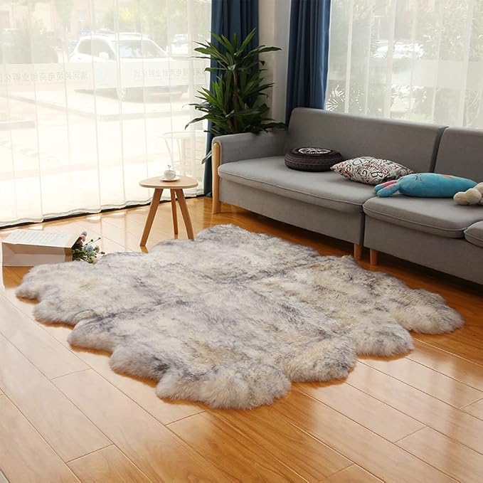 HUAHOO Premium Genuine Sheepskin Rug White Gray Real Australia Sheepskin Natural Lambskin Fur Area Rug Seat Covers for Kids Bedroom Sofa Chair Cover Pets Dogs Mat Eight Pelt / 6.2' x 7' Wolf Tip