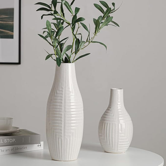 hjn Hand-Glazed White Ceramic Vase - 13.8" H Modern Decorative Centerpiece Vase for Fresh/Dried Flowers, Home Decor for Living Room Bookshelf Mantel | Wedding Housewarming Gift