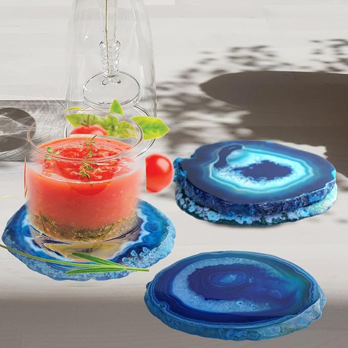 Blue Agate Coasters Set of 4 3-4'',Crystal Geode Stone Coasters with Rubber Bumpers,Agate Slices for for Drink Home Decor, Coffee Table, Bar Accessories,Birthday Gift