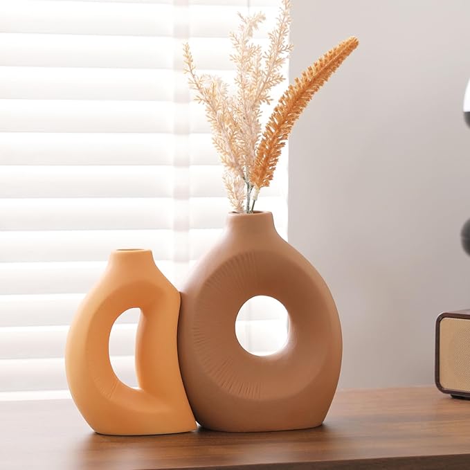 Ceramic Vase Set of 2 - Handcrafted Ceramic Vases for Home Decor & Shelf - Modern Farmhouse Decor for Kitchen, Office, Bedroom & Living Room Decorative Objects for Mantel, Table Centerpieces