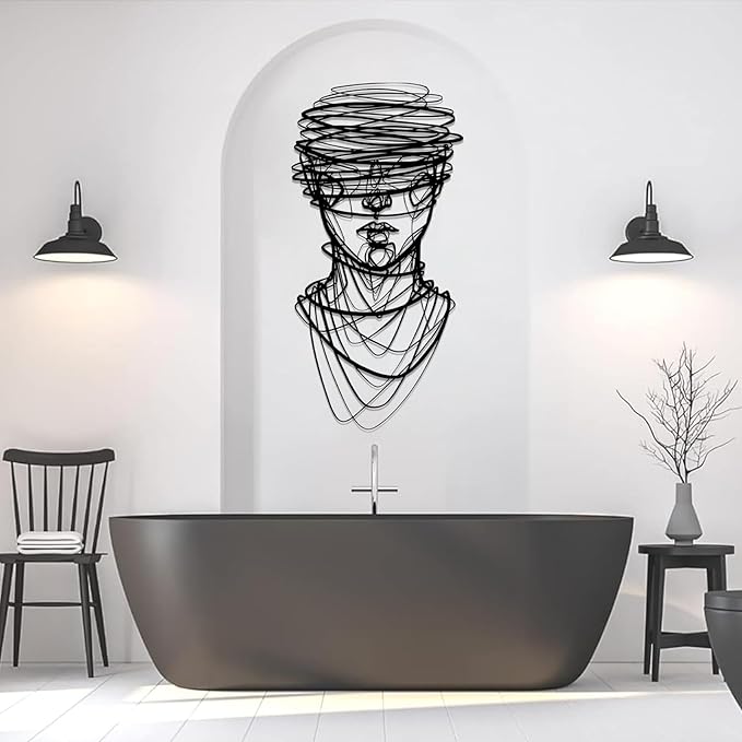 vinwipe Abstract Face Metal Wall Art, Metal Abstract Line Wall Decor, Minimalist Line Wall Hanging, Modern Geometric Wall Art for Bathroom (White, 53"x26"/135x67cm)