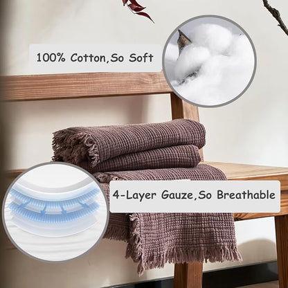 100% Cotton 4-Layer Muslin Blanket with Fringes, 50"x60", Dusty Mauve Throw Blanket, Ultra-Soft Gauze Blanket, Boho Bedding for All Seasons, Breathable for Couch, Bed(Dusty Mauve,Throw)
