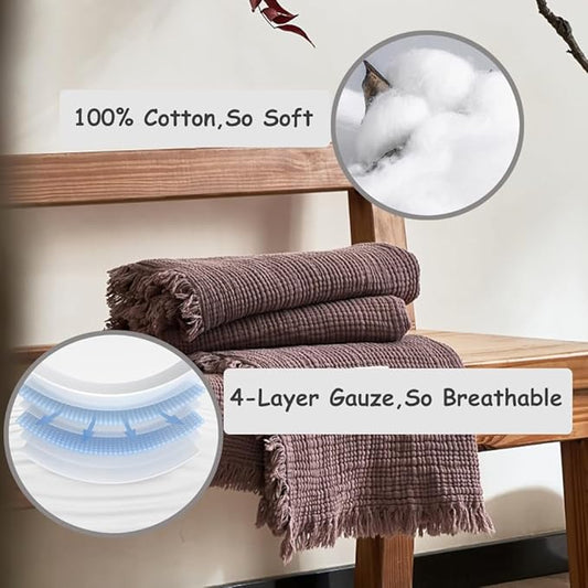 100% Cotton 4-Layer Muslin Blanket with Fringes, 50"x60", Dusty Mauve Throw Blanket, Ultra-Soft Gauze Blanket, Boho Bedding for All Seasons, Breathable for Couch, Bed(Dusty Mauve,Throw)