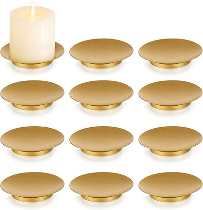 Romadedi Iron Candle Holder Plate, Gold Candle Holders for Pillar, Set of 12 Small Metal Candle Tray for Coffee Table Decor, Wedding, Party, Home Decor