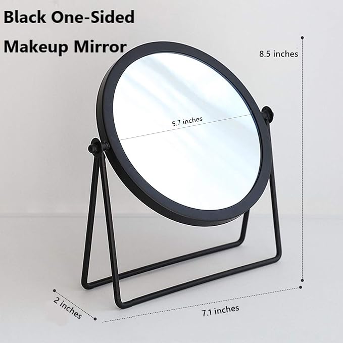 Geschaft Black Tabletop Single Sided Makeup Mirror, 360° Rotation Metal One-Sided Dressing Table Mirror, Round Swivel Desktop Stand Mirror (Black - Round), 7.1(L) x 2(W) x 8.5 (H)