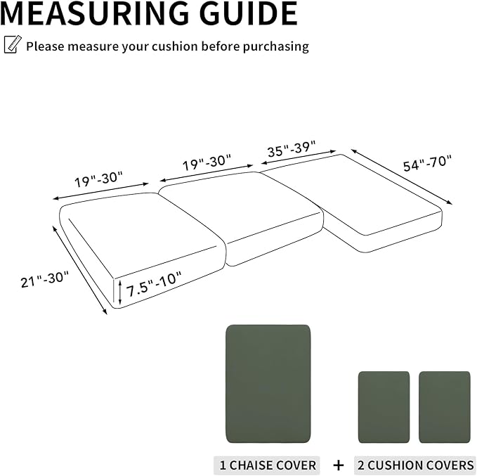 Easy-Going 100% Waterproof 3 Pieces Couch Cushion Covers for Sectional Sofa Left/Right L Shape Chaise Lounge Sofa Seat slipcover Anti-Slip Sofa Cover (2 Seater + 1 Chaise, Grayish Green
