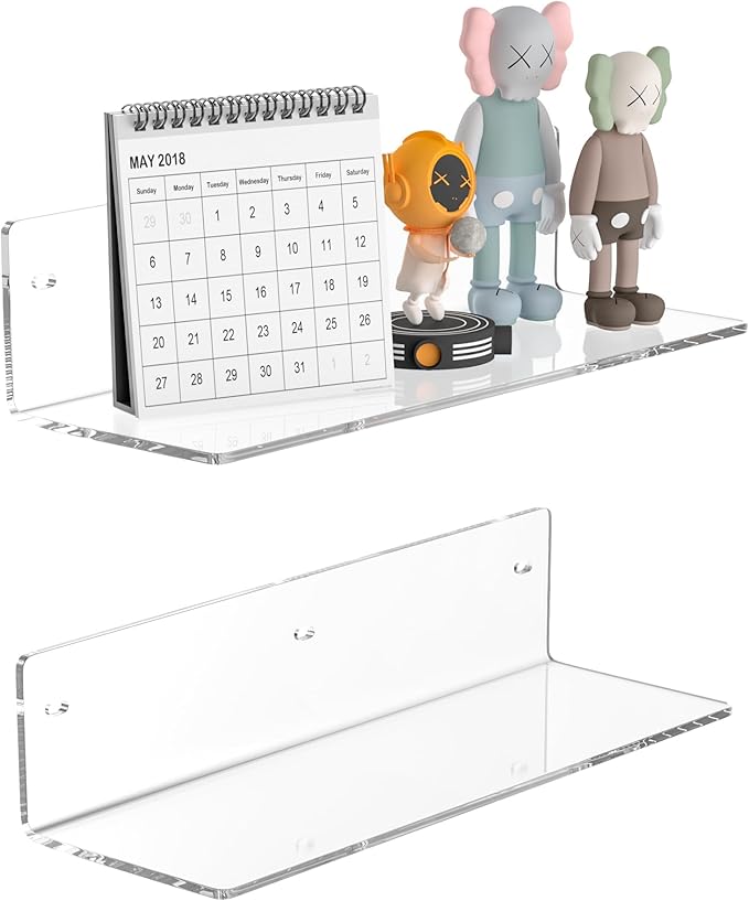 Sezanrpt 12 Inches Clear Wall Shelves, Moisture-Proof, Acrylic Bathroom Wall Shelves, Clear Floating Shelves for Bathroom, Bedroom, Living Room, Retail, 2 Pack