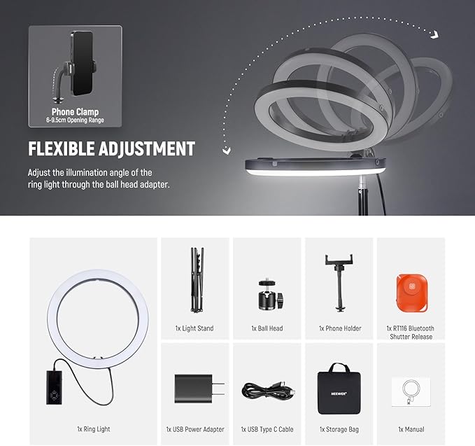 NEEWER 12" 24W High Power RGB LED Ring Light USB C PD Input Phone Selfie Lighting with Tripod Stand 2500-10000K CRI95+ TLCI97+ 1780lux/0.5m for iPhone Makeup Video Recording Studio Photography, RH12C