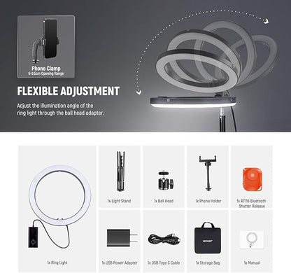 NEEWER 12" 24W High Power RGB LED Ring Light USB C PD Input Phone Selfie Lighting with Tripod Stand 2500-10000K CRI95+ TLCI97+ 1780lux/0.5m for iPhone Makeup Video Recording Studio Photography, RH12C