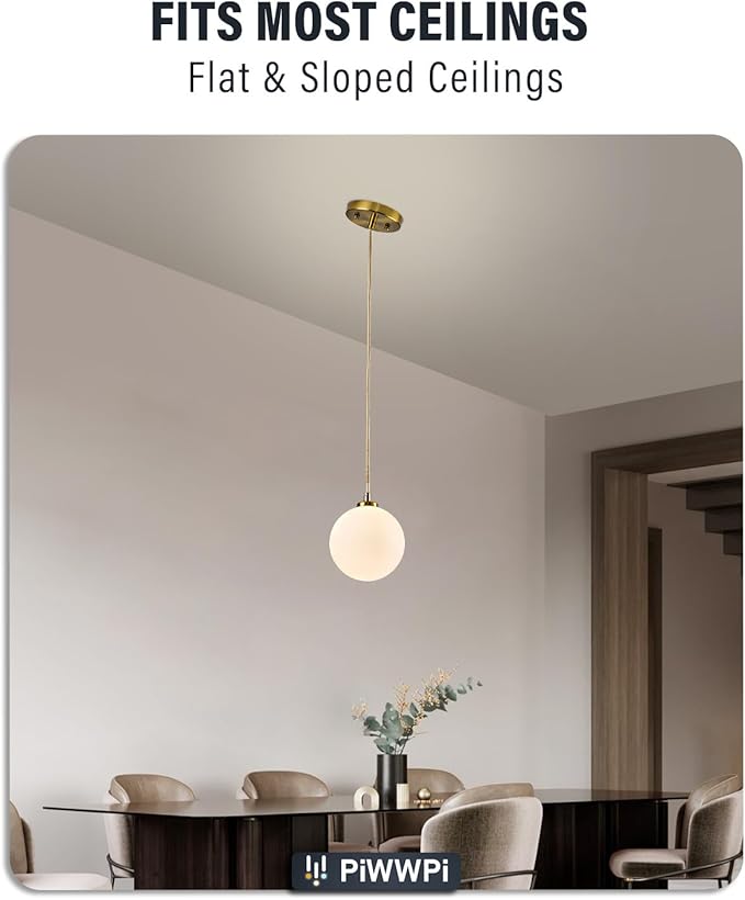 Mid Century Modern Chandelier, 1- Light Globe Glass Ceiling Hanging Chandelier, Glod Pendant Light, White Spherical Blackout Bedside Lamp for Bedroom, Kitchen Island, Dining Room, Living Room