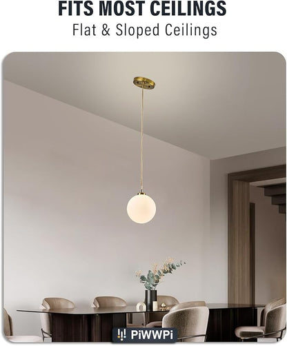 Mid Century Modern Chandelier, 1- Light Globe Glass Ceiling Hanging Chandelier, Glod Pendant Light, White Spherical Blackout Bedside Lamp for Bedroom, Kitchen Island, Dining Room, Living Room