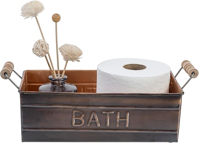 MyGift Copper Bathroom Accessories with Wooden Handles, Vintage Oil Rubbed Bronze Bathroom Toiletries Holder, Organizer Bin with Embossed BATH Label - Handcrafted in India