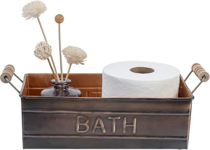 MyGift Copper Bathroom Accessories with Wooden Handles, Vintage Oil Rubbed Bronze Bathroom Toiletries Holder, Organizer Bin with Embossed BATH Label - Handcrafted in India