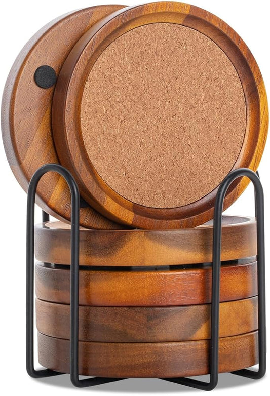 Acacia Wood Cork Coasters with Holder - Absorbent Rustic Cork Coasters for Coffee/Dining Tables & Desks - Set of 6, 4.13in Dark Brown