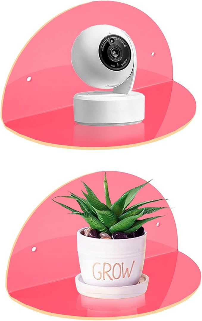 ROYALITA Small Acrylic Shelves Room Decor Floating Shelves (2-Pack, 8-inch Diameter) - Wall Mounted Display Stand for Plants, Toys, Makeup, and More - Ideal for Home and Office, Pink