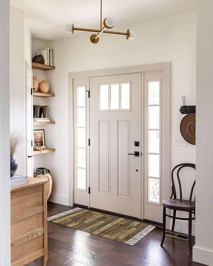 Brown Hallway Runner Rug 2X6 Ft Kitchen Carpet, Washable Woven Vintage Country Wooden Grain Throw Carpet with Tassel, Non-Shedding Farmhouse Cabin Retro Plank Stitching Art Bedroom Laundry Rugs