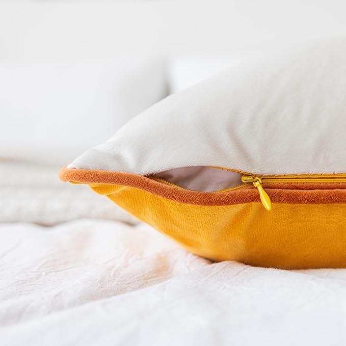 LIGICKY Orange Yellow and Cream White Velvet Throw Pillow Covers 18x18 inch, Set of 2 Modern Double-Sided Design, Soft Square Decorative Cushion Cases with Rope Edging for Home Decor