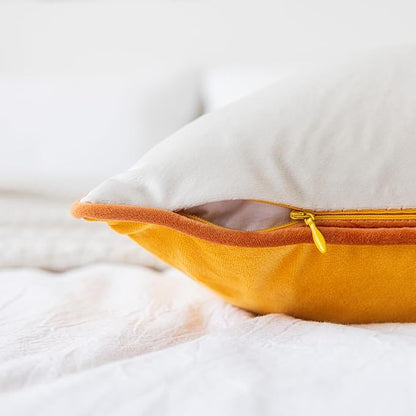 LIGICKY Orange Yellow and Cream White Velvet Throw Pillow Covers 18x18 inch, Set of 2 Modern Double-Sided Design, Soft Square Decorative Cushion Cases with Rope Edging for Home Decor