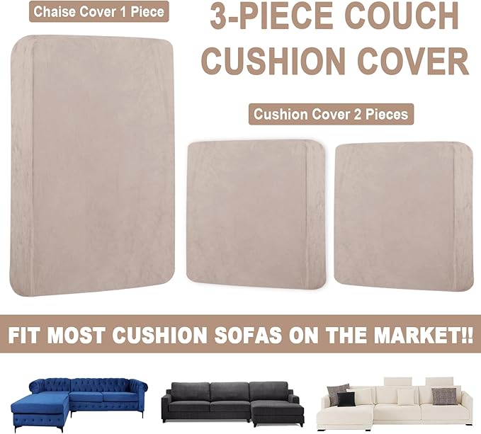 Sectional Couch Covers for 3-Piece Seat Cushion Velvet Separate L Shape Couch Cover Stretch Sofa Slipcover with 2 Pieces Pillowcases Furniture Protector (Sofa 2 Seater + 1 Chaise, Tan)