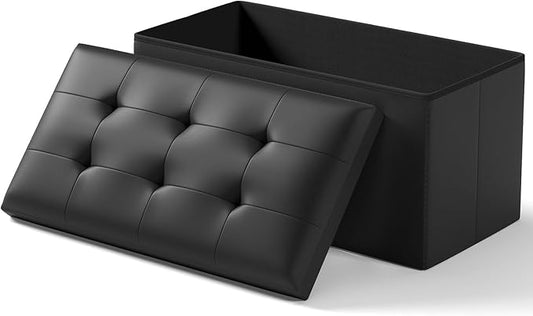 Folding Storage Ottoman Bench, Multi-Functional Ottoman Footrest, End of Bed Bench, Storage Chest for Living Room, Bedroom, Hallway, Entryway, Holds Up to 600 lbs (Black, 30 Inches)