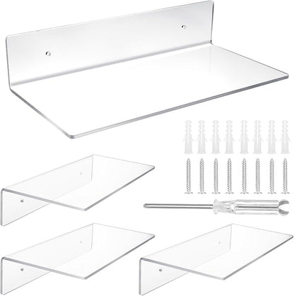 4 Pack 12 Inch L-Shaped Acrylic Floating Shelf Clear Wall Mounted Shelves Invisible 4.3MM Thick Shelf for Wall Storage Clear Shelves for Makeup Photo Picture Book Record Display