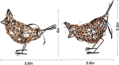 Natural Rattan Bird Sculptures Set of 2 - Christmas Ornament - Handwoven Metal Wire Figurine Table Decor, Rustic Farmhouse Accent with Memo Clip & (6x5.5x2.3in)