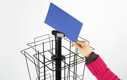 Displays2go 59" Tall Metal Wire Rotating Magazine Rack with 16 Pocket and Sign Holder - Black (WSFM416PB)