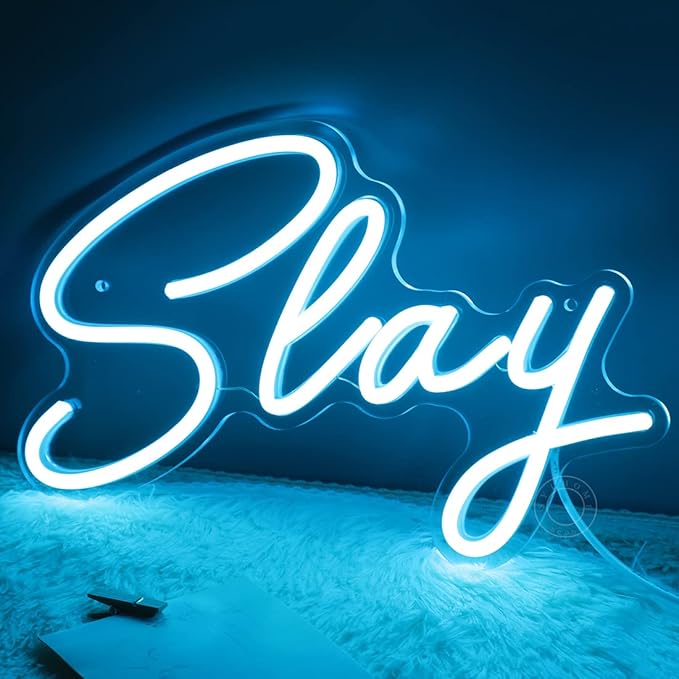 SYLHOME Slay Blue LED Neon Light Sign Cool Boys Girls Preppy Bedroom Game Play Room Desk Wall Decor Sign Club Pub Bar Man Cave Game Center Birthday Decoration USB Night Light 11.8" X 8"